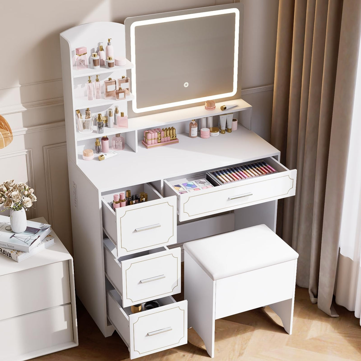 Hogxp Vanity Table with LED Mirror & Power Outlet - 5 Open Shelves, 4 Drawers - Includes Padded Stool - Ideal Bedroom Makeup Dressing Table （White） Hogxp