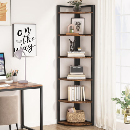 Versatile 6 Tier Rustic Corner Shelf Unit – 70.9 Inch Tall Storage Rack for Living Room, Home Office, and Small Spaces - WoodArtSupply