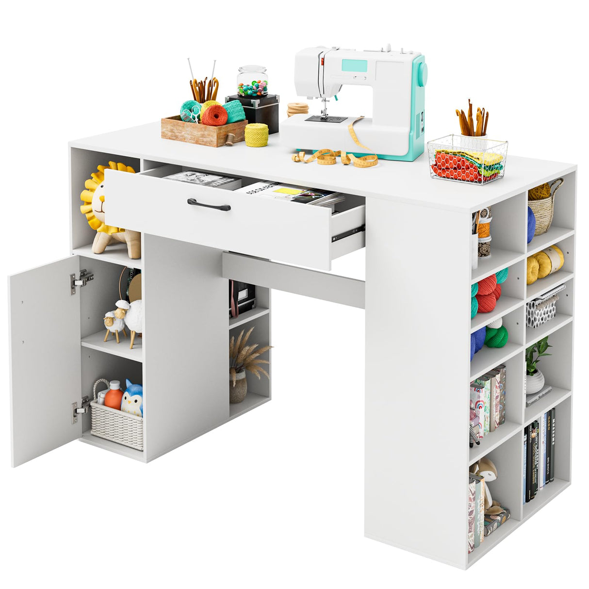 Giantex Craft Table with Storage, 53'' Artwork Sewing Table with 14 Cube Storage Shelves, Large Drawer, Cabinet with 2 Shelves, 36'' Counter Height Sewing Workstation White Drafting Writing Desk Giantex