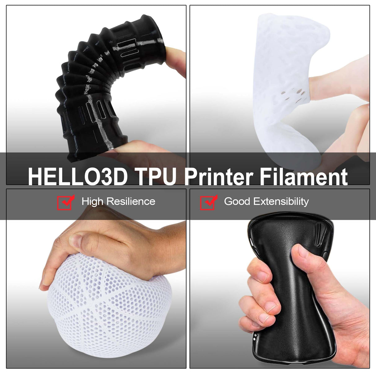 HEllO3D TPU Filament 1.75mm Flexible 3D Printer Filament,85A Soft 3D Printer Filament,TPU Elastomer 3D Filament,Vacuum Packed,Dimensional Accuracy +/- 0.05mm,1Kg Spool (1KG)(Black) HELLO3D