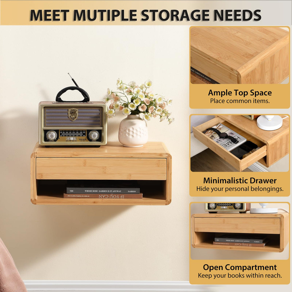 GugiNest Bamboo Floating Nightstand with Storage Drawer, Fully Assembled Wall Mounted Bedside Table with Open Shelf, Modern End Table for Bedroom, Natural GugiNest