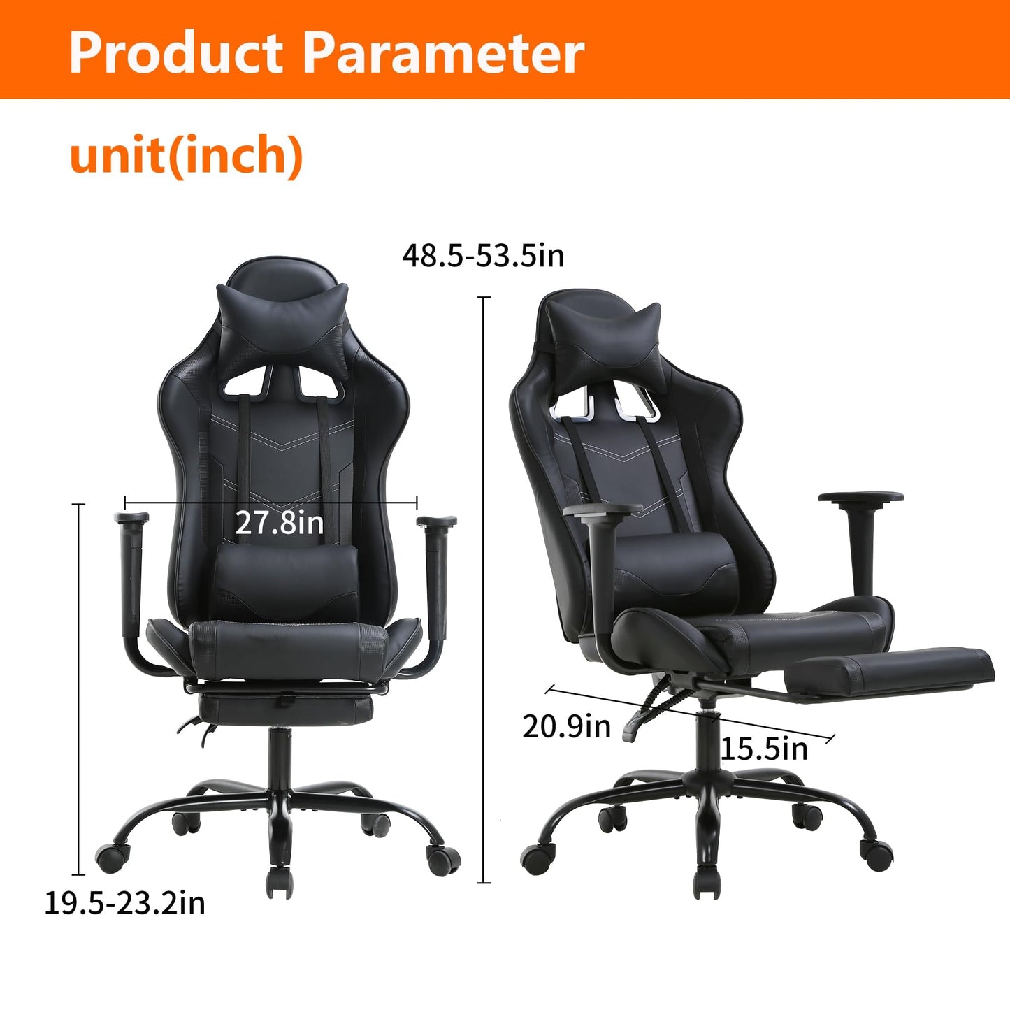 Gaming Chair, High Back PU Leather Gaming Chairs Computer Chair with Headrest & Lumbar Support, Height Adjustable Wide Seat Gamer Chair Gaming Chairs for Adults, Game Chair with Footrest & Armrest