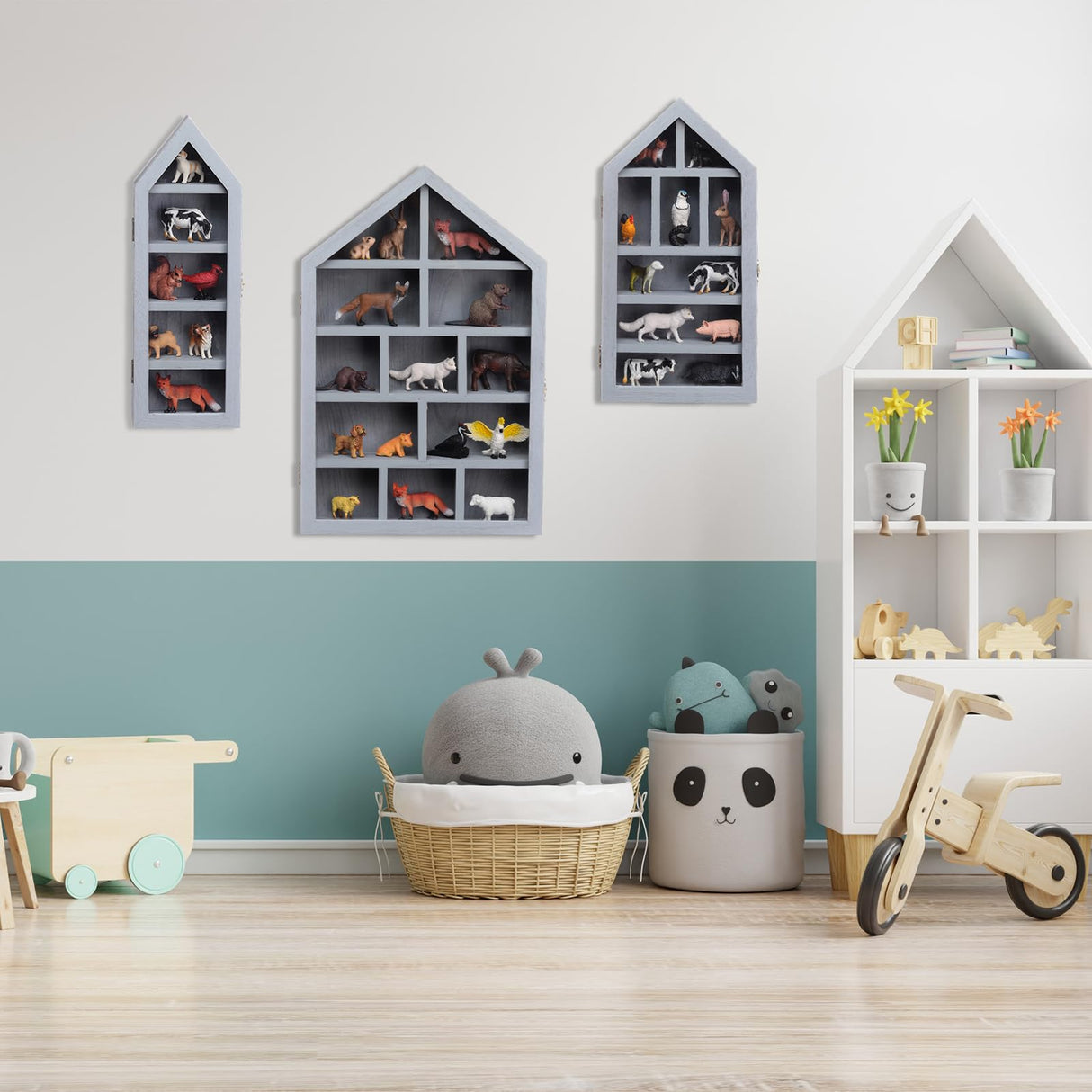 DoubleFill Set of 3 Shadow Cubby Boxes Wooden Display Shelf 10 x 15 Inch Large Wall Mounted Display Storage Shelves for Mini Figures Curio Trinket Medals Crafts Collections (Gray,House Shape) DoubleFill