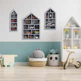 DoubleFill Set of 3 Shadow Cubby Boxes Wooden Display Shelf 10 x 15 Inch Large Wall Mounted Display Storage Shelves for Mini Figures Curio Trinket Medals Crafts Collections (Gray,House Shape) DoubleFill