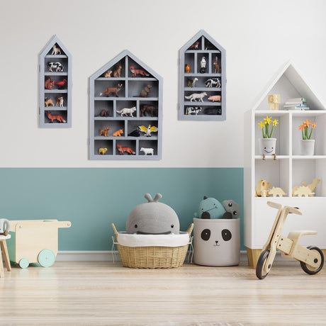 DoubleFill Set of 3 Shadow Cubby Boxes Wooden Display Shelf 10 x 15 Inch Large Wall Mounted Display Storage Shelves for Mini Figures Curio Trinket Medals Crafts Collections (Gray,House Shape) DoubleFill