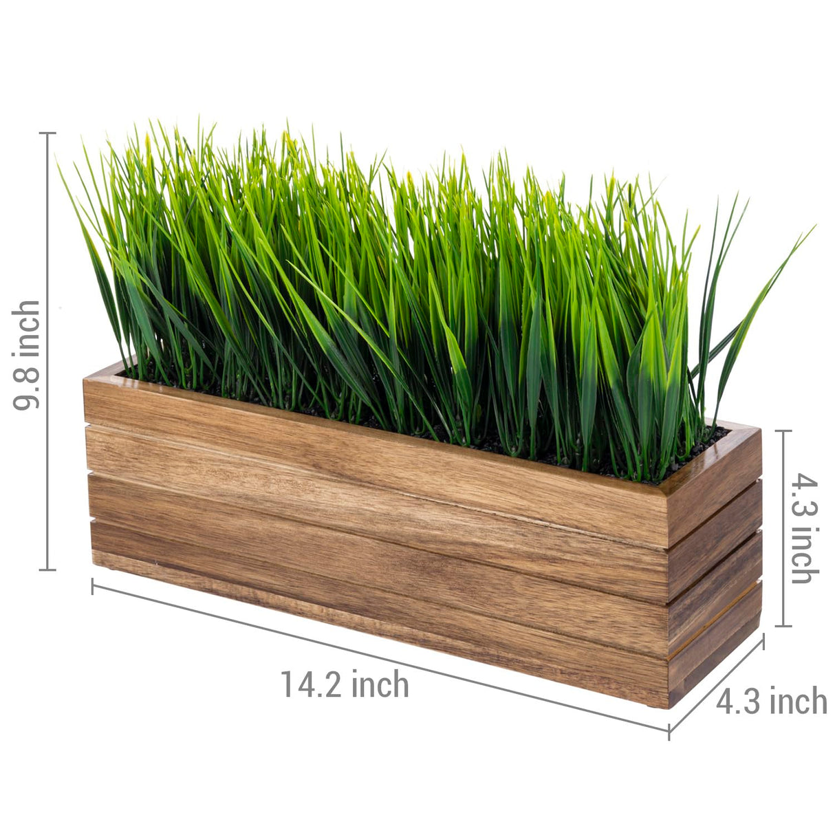 MyGift 14 Inch Artificial Green Grass Plant in Solid Acacia Wood Planter Window Box, Faux Greenery in Decorative Rectangular Crate Style Wooden Container MyGift
