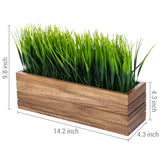 MyGift 14 Inch Artificial Green Grass Plant in Solid Acacia Wood Planter Window Box, Faux Greenery in Decorative Rectangular Crate Style Wooden Container MyGift