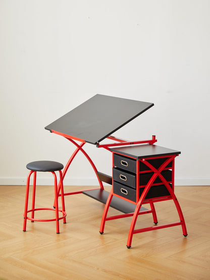 LOPOO Drafting Table Adjustable Large Desktop, Modern Metal Artist Drawing Table, Multi-Functional 0-75° Tiltable Tabletop Art Desk and Painting Station with 3 Storage Drawers and Stool, Red- - WoodArtSupply