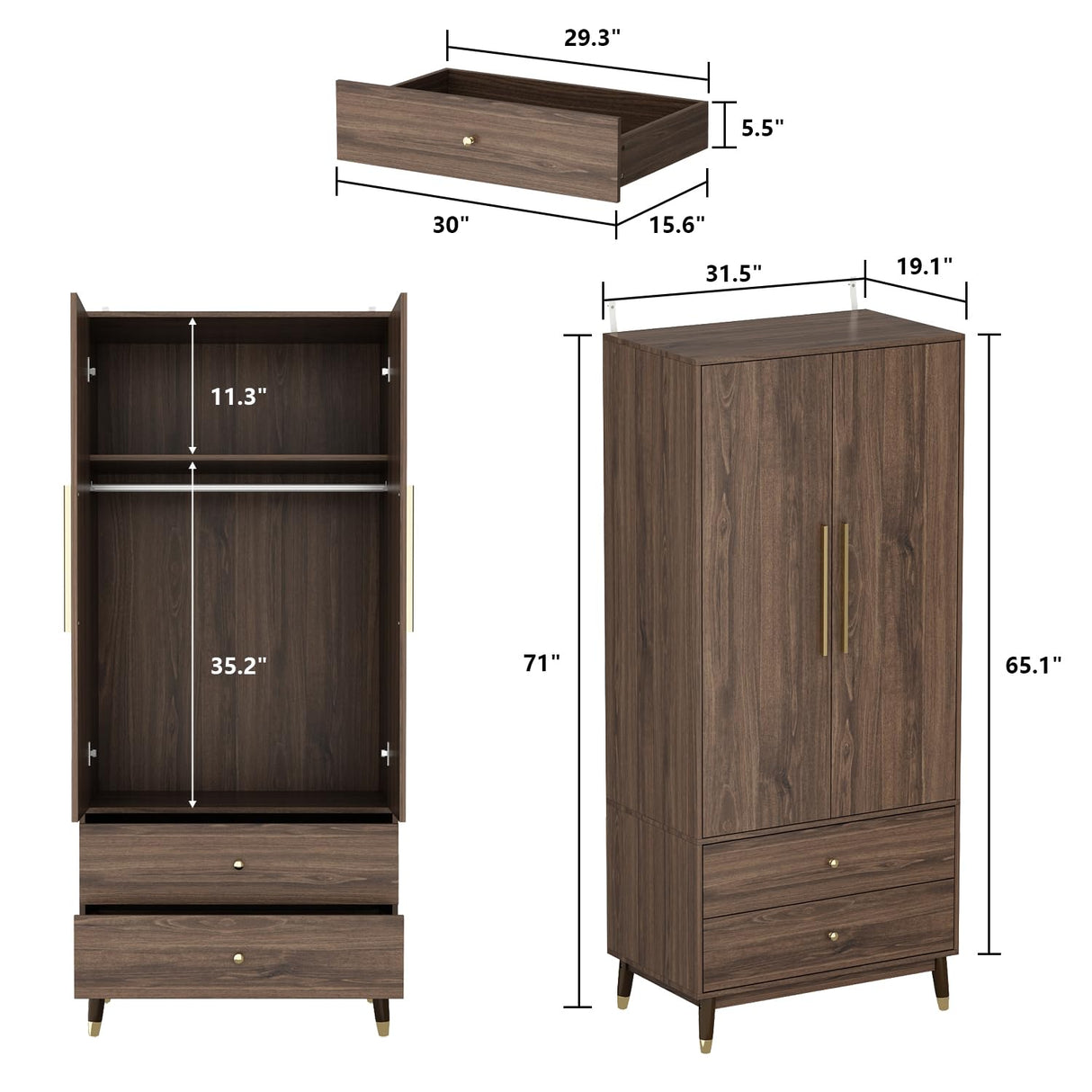 Hitow Wardrobe Armoire Closet with 2 Doors, Wardrobe Cabinet with 2 Drawers & Hanging Rod, Bedroom Armoire Clothes Organizer with Gold Handles, Type B Brown (31.5" W x 19.1" D x 65.1" H) Hitow