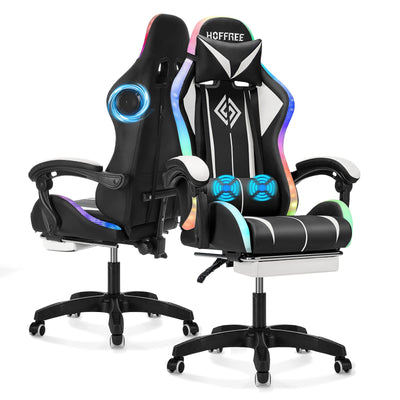 Gaming Chair with Speakers and Lights Ergonomic Computer Gaming Chair with Footrest LED RGB Lights Massage High Back Music Video Game Chair with Lumbar Support White and Black