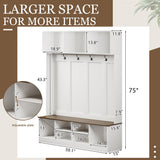 Apeaka Hall Tree with Bench and Storage, Farmhouse 75" H Tall Hall Tree Wood Entryway Shoe Bench with Coat Rack and Storage Shelves for Mudroom, White Apeaka