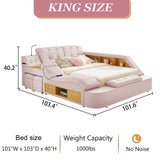 Modehodei Luxury King Size Bed Frame, Modern Multifunctional Bed with Massage Recliner | Bluetooth Speaker | USB Charging Station | Adjustable Headboard, PU Leather Fabric, Bedroom Furniture, Pink Modehodei