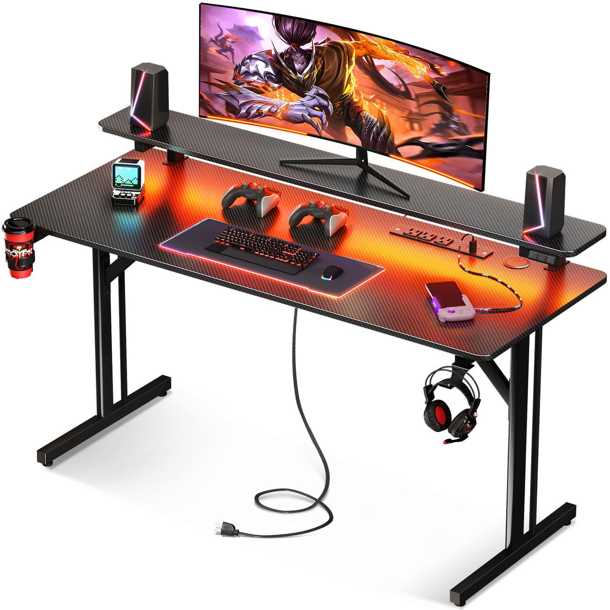 MOTPK Gaming Desk with LED Lights & Power Outlets, 47 Inch Computer Desk Gaming Table with Monitor Shelf, Gamer Desk with Carbon Fiber Texture, Kids Boys Desk Gift for Men MOTPK