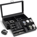 Vlando 6-Slot Watch Box Organize, Lockable Watch Case with Textured Leather, 2 Layer Watch Holder for Rings, Bracelets, Glasses, Glass Lid, Removable Divider, Gift for Fathers, Husband, Friend, Black Vlando