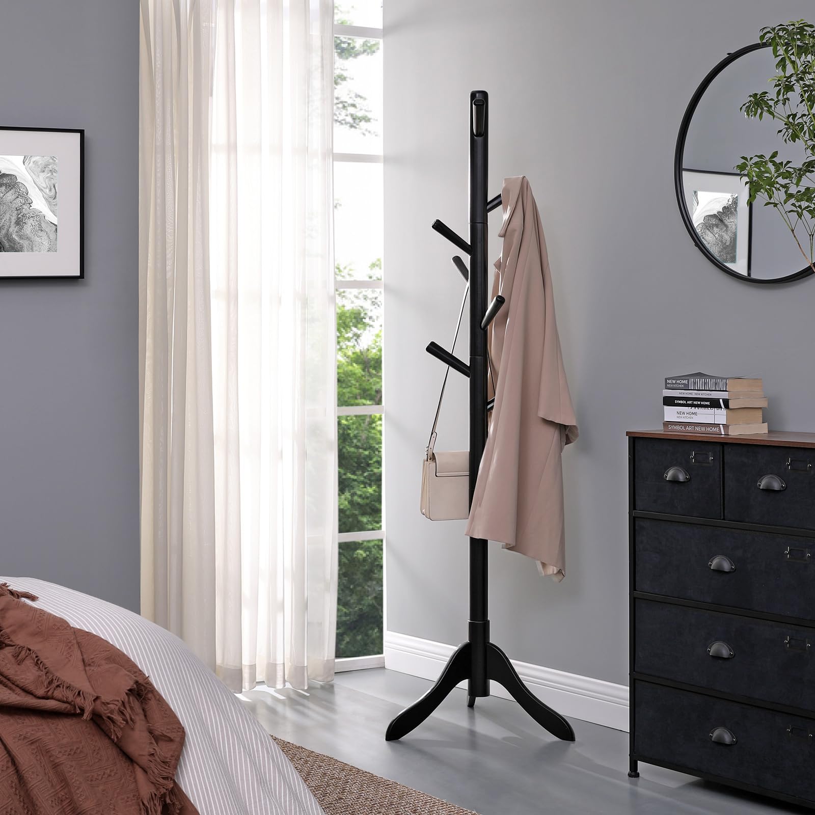 VASAGLE Solid Wood Coat Rack, Free Standing Coat Rack, Tree-Shaped Coat Rack with 8 Hooks, 3 Height Options, for Clothes, Hats, Bags, for Living Room, Bedroom, Home Office, Black URCR001B01 - WoodArtSupply