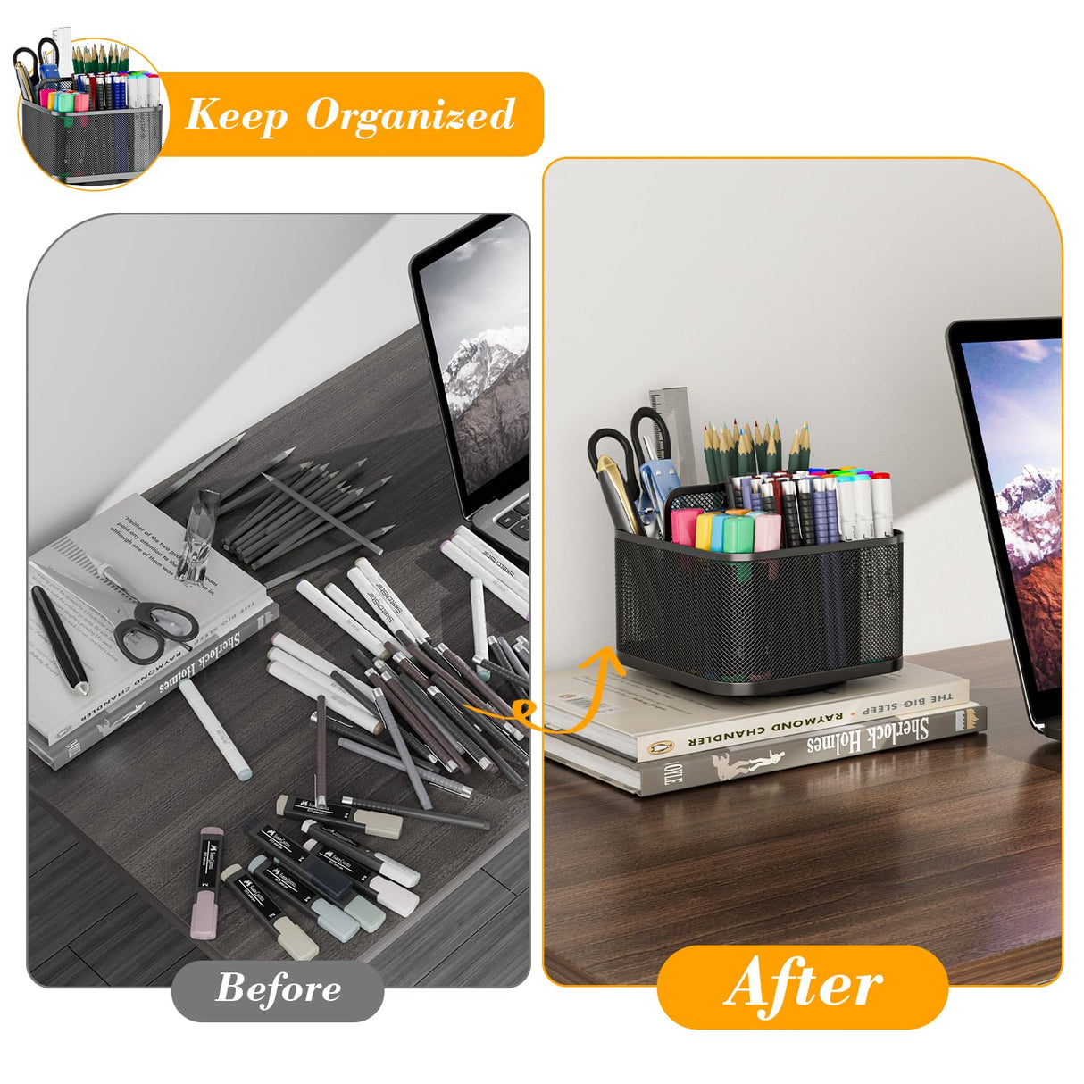 LUCYCAZ 360 Rotating Metal Pencil Pen Holder for Desk, Rotating Pencil Cup with 5 Slots, Dual-Purpose Desk Pen Organizer for Office, School, Home, Square LUCYCAZ