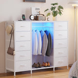 LUMTOK 55" W 2-in-1 Dresser with Hanging Rack, 10 Drawers Dresser for Bedroom, White Drawer Dressers with LED Lights, Charging Station and Hanging Racks for Bedroom LUMTOK