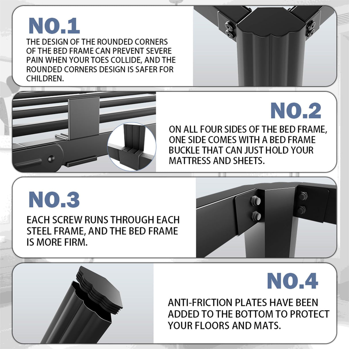 hiyuehome 14 inch Metal Queen Bed Frame with Rounded Corner and Headboard Hole Mattress Retainers 3500LBS Heavy Duty Steel Slats No Box Spring Needed Platform Noise-Free Easy Assembly hiyuehome