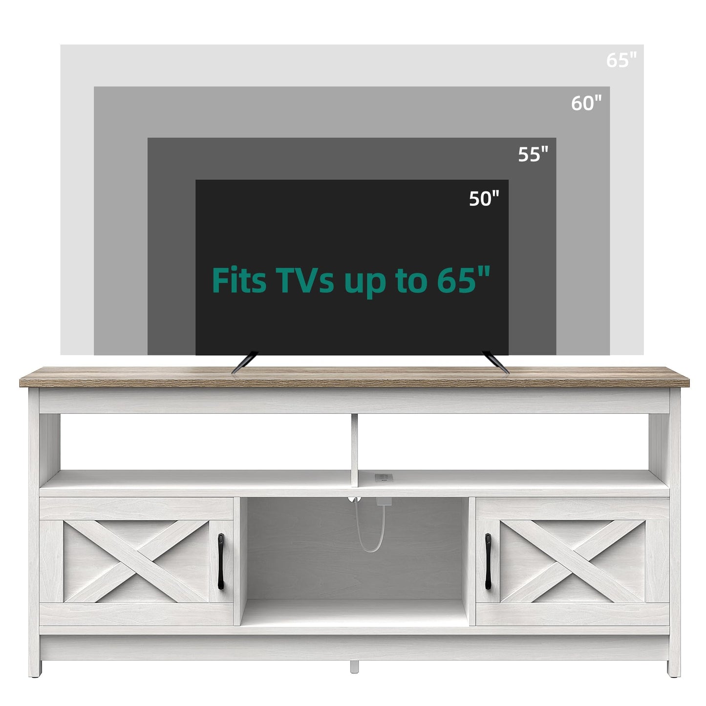 YITAHOME White TV Stand for 65 Inch Television Stand, Farmhouse Entertainment Center with Power Outlets and Open Shelf, Rustic Media Console TV Cabinet for Living Room, Grey White/Grey Wash