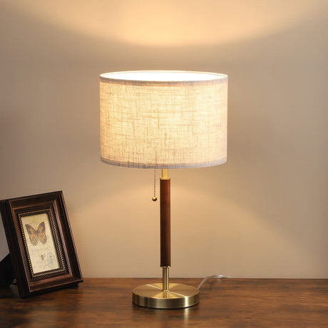 EDISHINE Mid Century Table Lamp, Bedside Lamp with Pull Chain Switch, Solid Wood & Metal Pole, Modern Nightstand Table Lamp for Living Room, Bedroom, Office, Frosted Bronze & Wood Finish EDISHINE