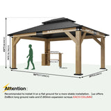 AMERLIFE 13x15 Hardtop Gazebo, Spruce Wood Gazebo with Storage Bar Counter, Outdoor Pavilion with Double Iron Roof, for Patio, Lawns, Garage, Black + Natural Wood AMERLIFE