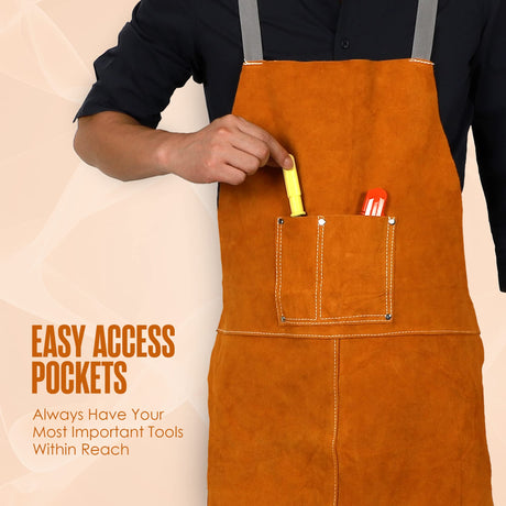 Houseables Leather Welding Apron, Fire Resistant Welder Smock, 23 x 35 Inch, Large, 2 Pockets, Kevlar Stitching, Safety Accessory For Blacksmithing, Carpentry, Torch Work, Roofing, Woodworking, Garage Houseables
