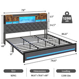 BYSAUD King Size Bed Frame with Headboard, Upholstered King Bed Frame with 3-Tier Storage Shelves & Hidden Space, King Platform Bed Frame with Charging Station & LED Lights, Heavy Metal Slat Support BYSAUD