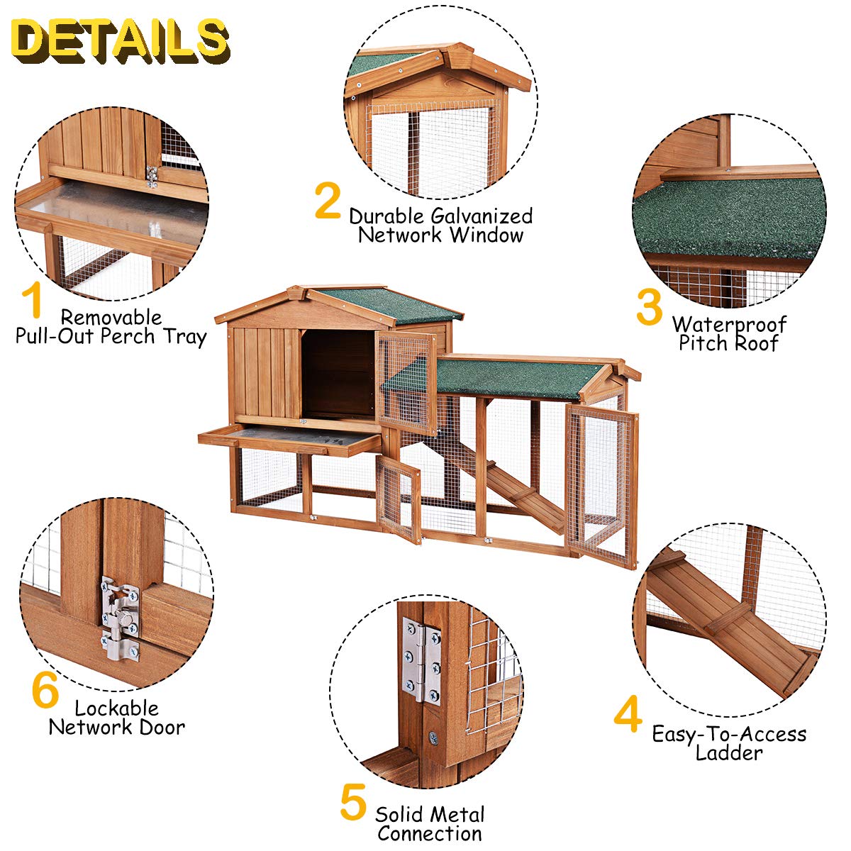 PETSJOY Rabbit Hutch, 58 Inches Outdoor Large Wooden Bunny Cage Chicken Coop with Ventilation Door, Removable Tray & Ramp