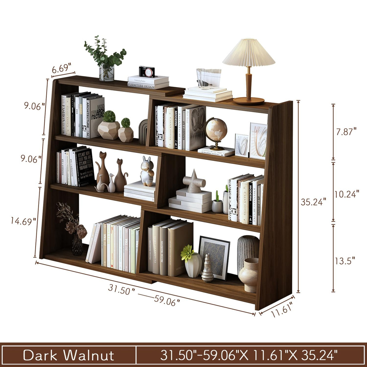 IOTXY Wooden Extendable Shelf Bookcase - 3-Tier Ladder Low Short Bookshelf for Small Space or Corner, Dark Walnut, L IOTXY