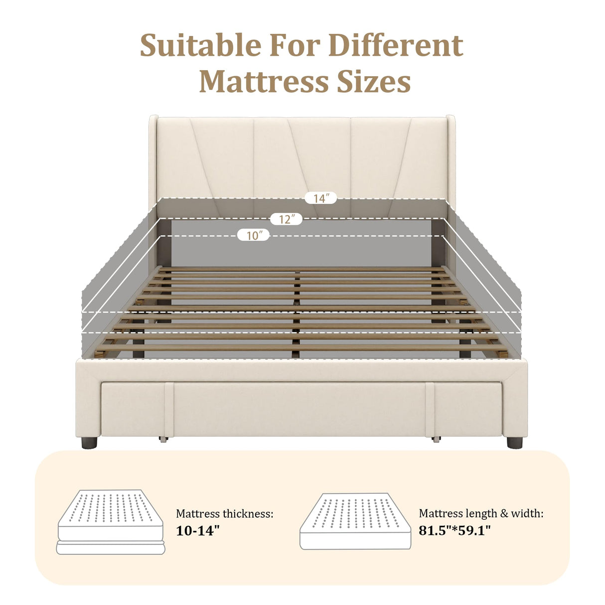 viplov Queen Bed Frame with Storage Drawers, Upholstered Platform Bed with Headboard and Wingboard, No Box Spring Needed, Noise Free, Easy Assembly, Wooden Support Slats, Beige viplov