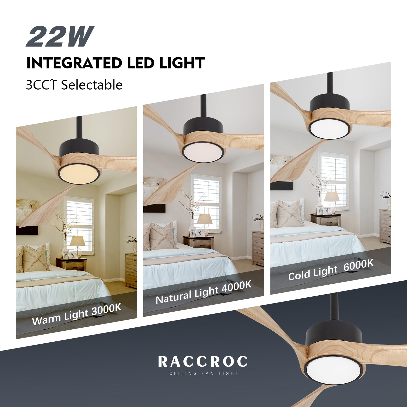 raccroc Wood 52in Flush Mount Ceiling Fans with Lights and Remote,22W LED Light,3 dark brown Wood Blades,6 Speeds,Reversible Quiet DC Motor - WoodArtSupply