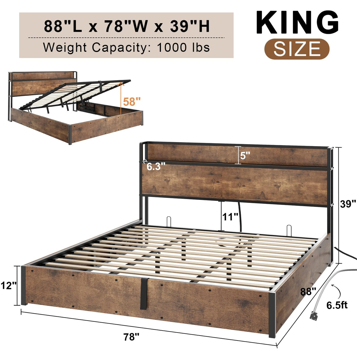 AMERLIFE King Size Lift-Up Storage Bed Frame with Charging Station in Rustic Brown AMERLIFE