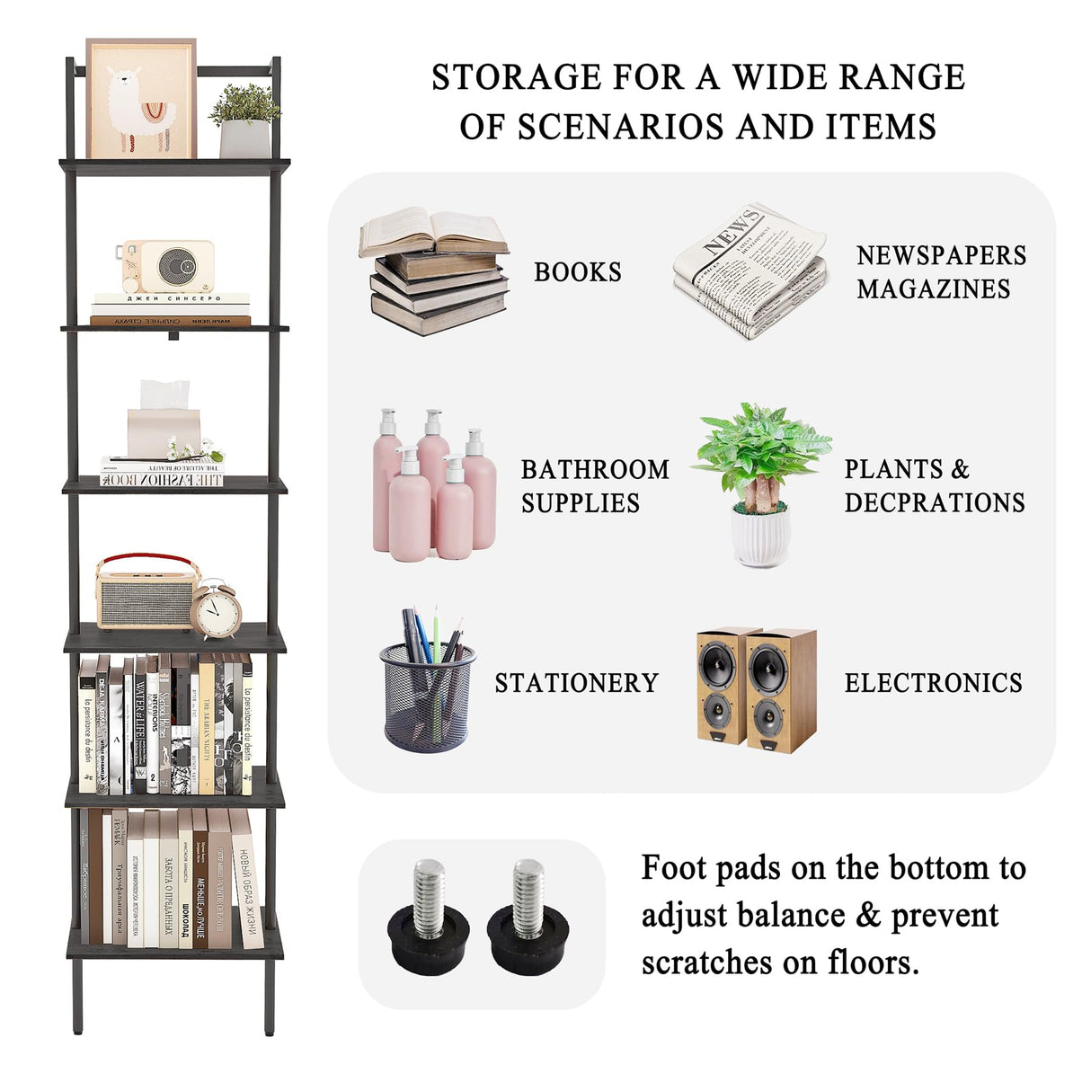 POBOMULI 6-Tier Ladder Shelf, 77 Inches Wall Mounted Ladder Bookshelf with Metal Frame, Wood Tall Open Storage Rack and Display Shelves for Home Office Bedroom Living Room, Black POBOMULI