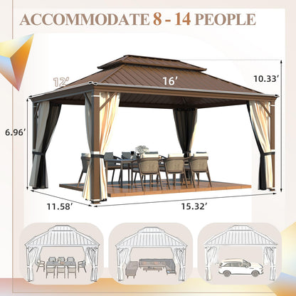 YOLENY 12' x 16' Hardtop Gazebo Faux Wood Grain Metal Gazebo with Aluminum Frame, Galvanized Steel Double Roof, Outdoor Patio Gazebo Pergolas with Netting and Curtains for Backyard, Patio, La - WoodArtSupply