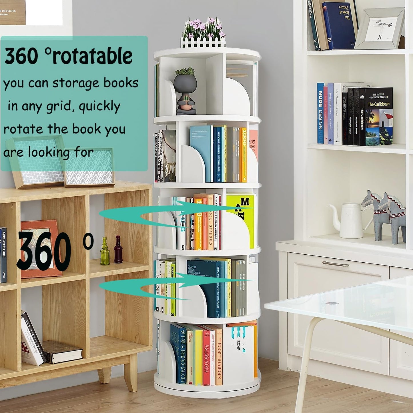 Nisorpa 5-Tier 360° Rotating Bookshelf – Space-Saving Tower Bookcase for Small Spaces - WoodArtSupply