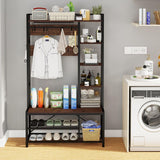 BON AUGURE Hall Tree with Shoe Storage, 5-in-1 Reversible Entryway Bench with Coat Hooks for Hallway, Rustic Wood and Metal Coat Rack with Shelves for Mudroom (Rustic Oak) BON AUGURE