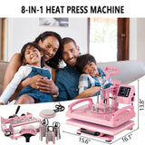 Leomru 8 in 1 Heat Press Machine 12x15 Inch, Heat Press Machine for T Shirts Hat Cap Mug Plate 360° Swing Away, Sublimation Heat Press Heat Transfer Machine W/ 30OZ Tumbler Press Pink Leomru