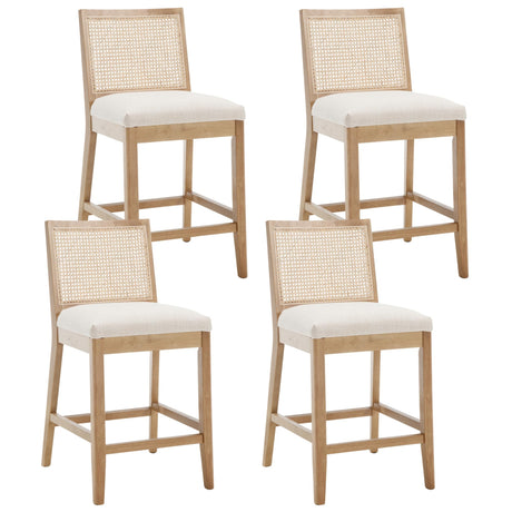 BESTANO Rattan Counter Stools Set of 4, 26 Inches Modern Counter Height Bar Stools Farmhouse Wooden Barstools with Back, Boho Linen Fabric Upholstered Kitchen Island Chairs, Cream BESTANO