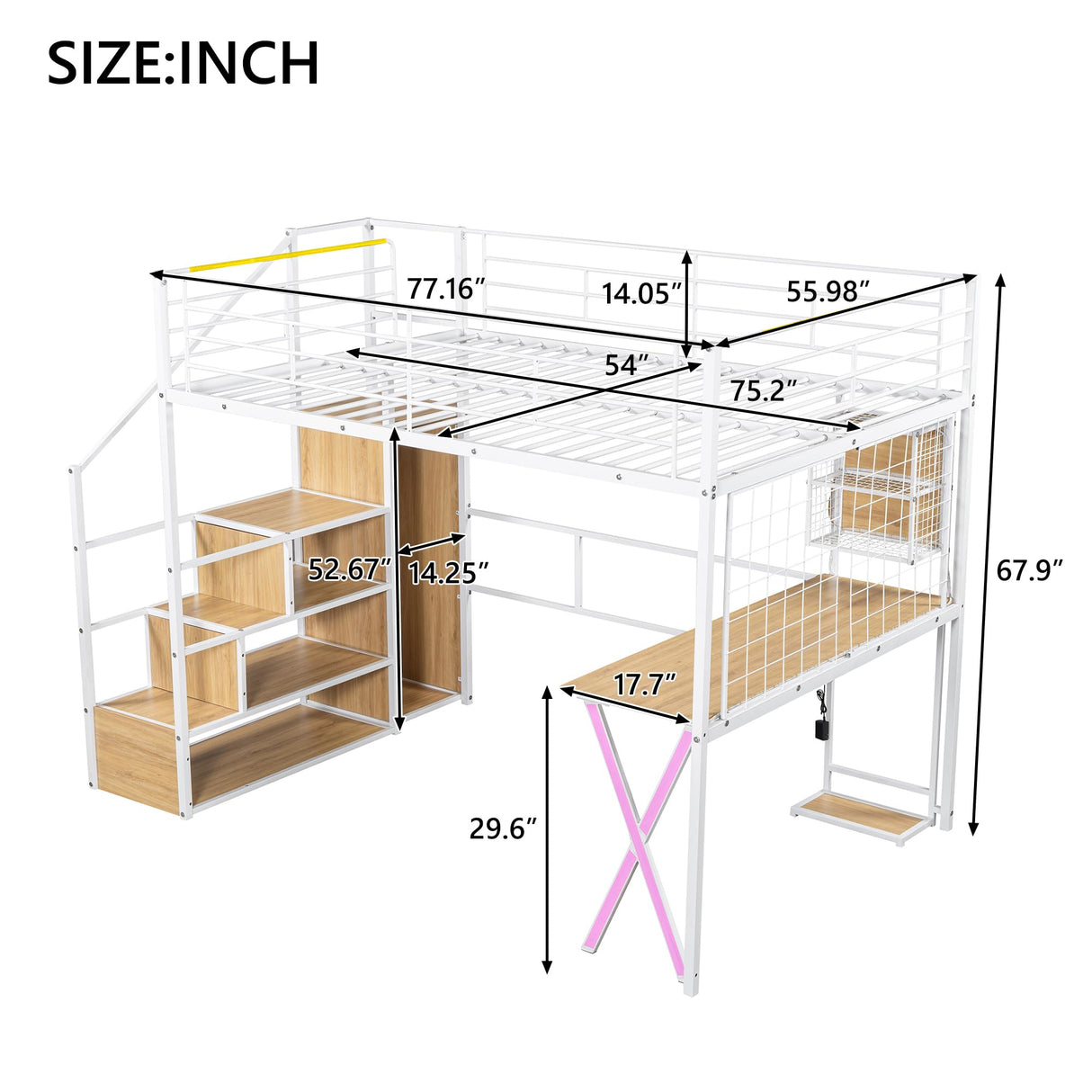 HZXINKEDZSW Full Size Metal Loft Bed with Built-in Work Station,Wardrobe,Storage Staircase and LED,Modern Bed Frame with Safety Guardrail for Kids Teen Girls Boys Bedroom Furniture (White-05, Full) HZXINKEDZSW