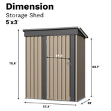JUMMICO Metal Outdoor Storage Shed 5 x 3 FT Metal Shed with Lockable Door,Waterproof Garden Tool Shed Storage House for Backyard Patio Lawn, Brown JUMMICO