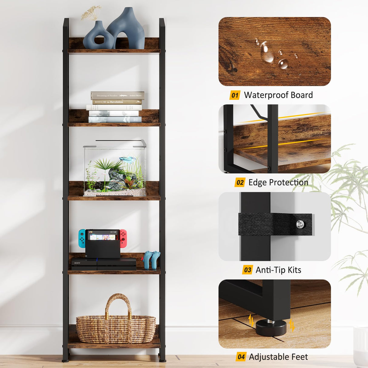 Hosfais 5-Tier Rustic Brown Narrow Bookshelf with Edge Protection for Home and Office Hosfais