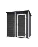 Keter Essential Shed 4x6 Resin Outdoor Storage Shed Ideal Storage for Patio Furniture, Garden Tools Bike Accessories, Beach Chairs and Lawn Mower, Black and White Keter