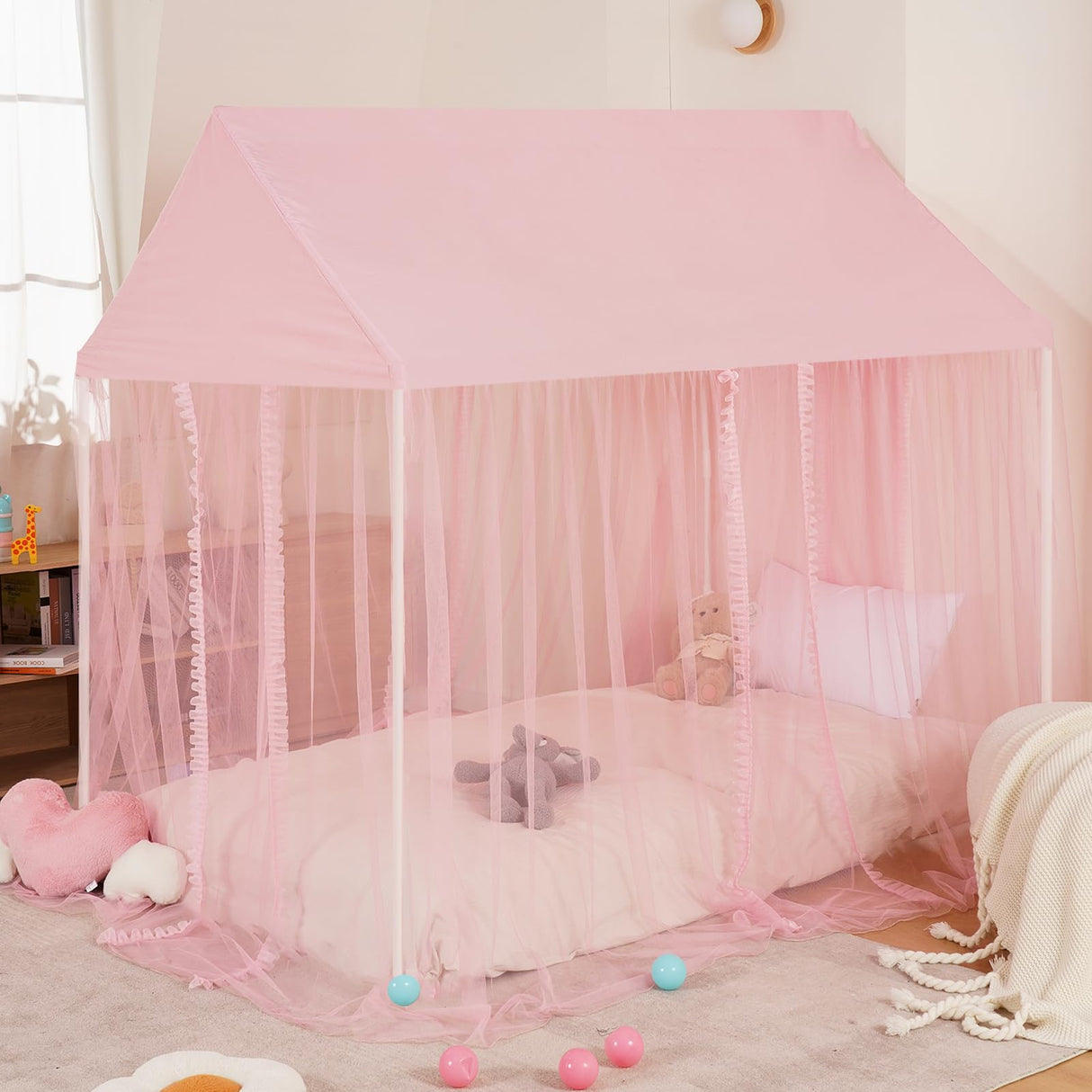 ZRVTM Princess Bed Canopy for Girls - Pink Canopy Princess Castle Dreamy Playhouse Mosquito Net Reading Nook Canopies Play Tent Canopy Bed Curtains for Kids(Twin,Pink), Frame Not Included ZRVTM