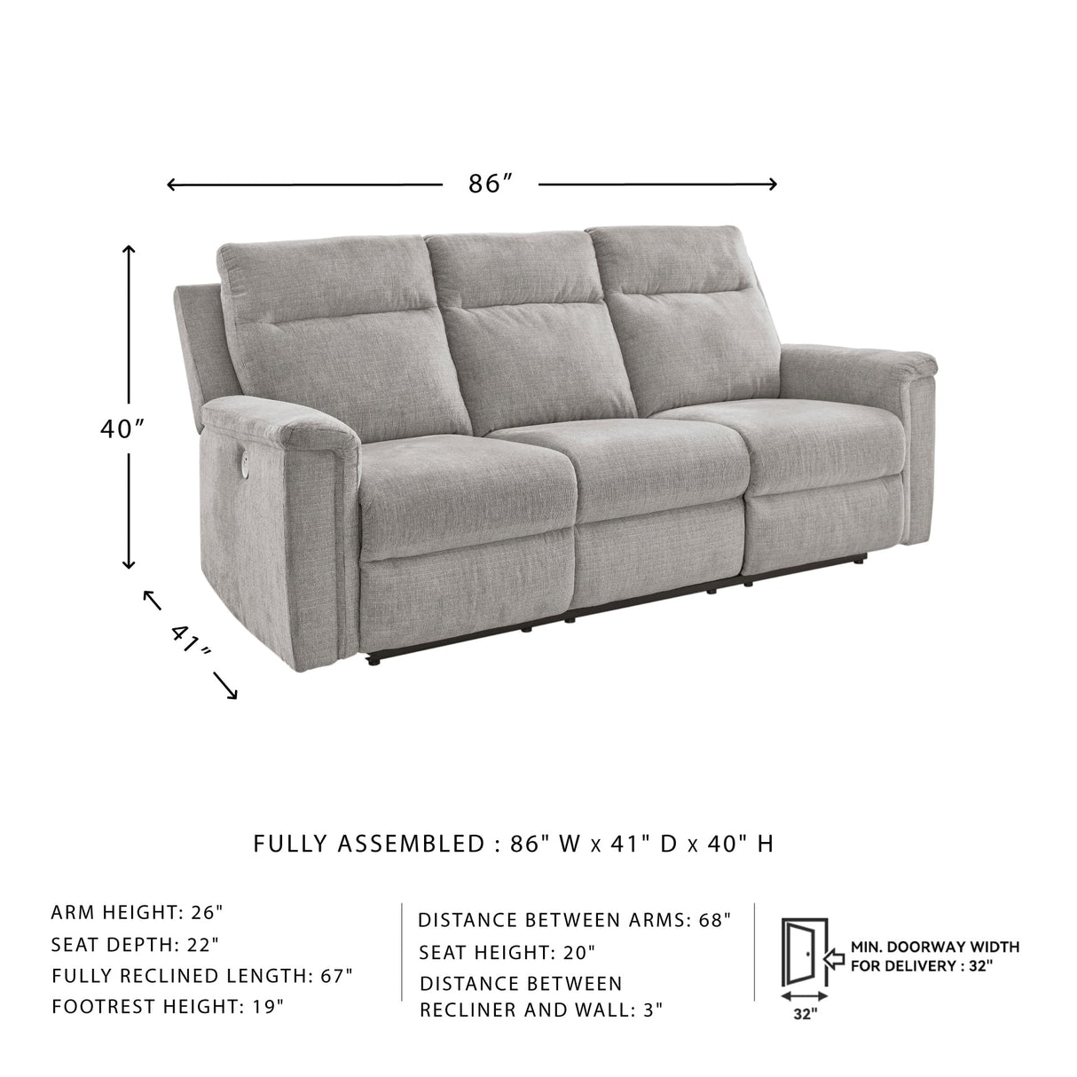 Signature Design by Ashley Barnsana Minimalist Power Reclining Sofa with USB Charging Ports, Light Gray Signature Design by Ashley