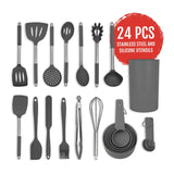 Silicone Kitchen Utensils Set - Culinary Couture 24-Pieces Grey Silicone Cooking Utensils Set for Nonstick Cookware - Silicone Spatulas Set, Stainless Steel Handle & Other Kitchen accessories Culinary Couture