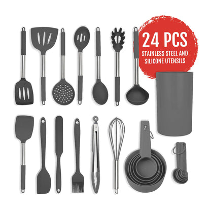 Silicone Kitchen Utensils Set - Culinary Couture 24-Pieces Grey Silicone Cooking Utensils Set for Nonstick Cookware - Silicone Spatulas Set, Stainless Steel Handle & Other Kitchen accessories