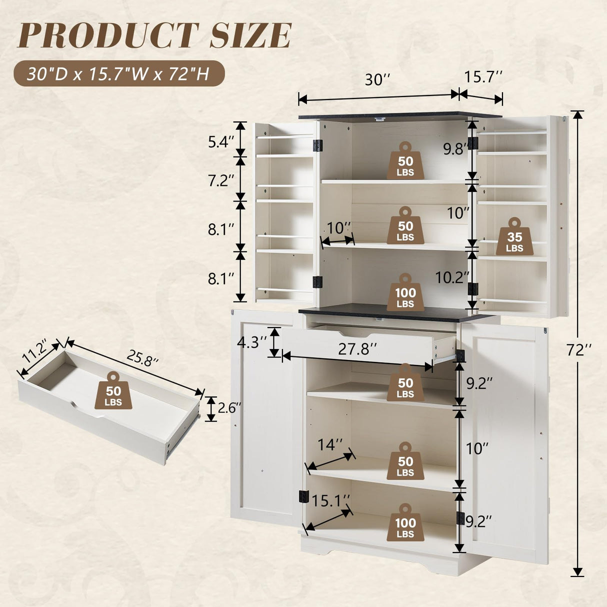 VanAcc 72" Tall Farmhouse Kitchen Pantry Cabinet with Door Organizer & Adjustable Shelves, Wooden Storage Cupboard with Drawer and Barn Doors for Kitchen, Dining Room, Living Room, Distressed White VanAcc