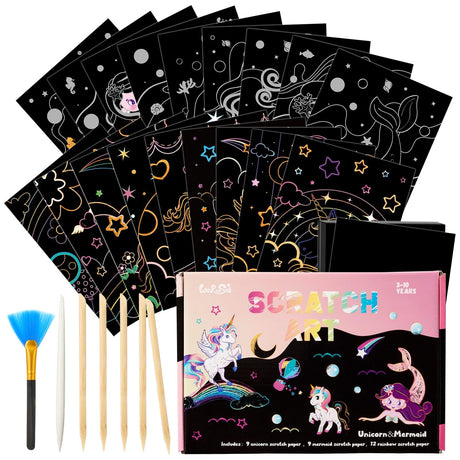 Unicor Scratch Art Kit for Kids - 30 Pcs Magic Scratch Off Paper for Girls Unicorn Mermaid Theme Art Supplies Colorful Drawing Art Craft with Wooden Stylus Kids Activities Party Birthday Gift WERNNSAI