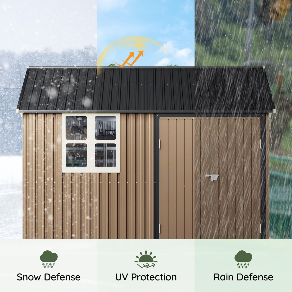 Grovellis Update 8x10 FT Outdoor Metal Storage Shed, Single Door, 1 Clear Window, Tool Shed for Garden, Patio, Backyard Brown Grovellis