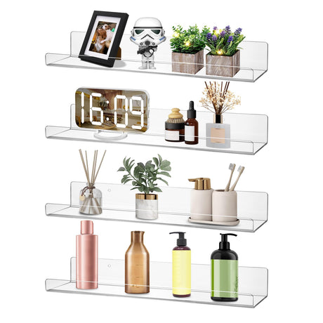 Dezzer 4 Pack Acrylic Shelves for Wall, 15" Clear Acrylic Floating Shelves for Bathroom Bedroom, Invisible Bookshelf Wall Ledge Storage Shelf Books Perfume Toys Action Figure Display Shelves Dezzer